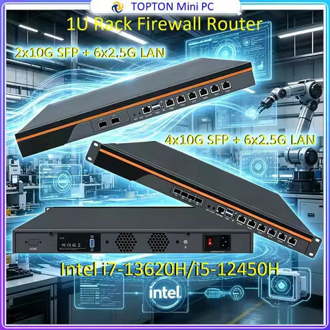 Topton Intel i7 13620H 1U Rack Mini PC i5 12450H 4x/2x 10G SFP 6*2.5G LAN 2*NVMe Firewall Workstatio