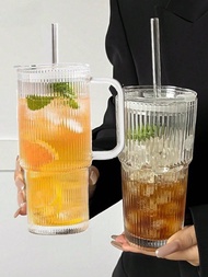 1pc Glass With Handle Car Cup Striped Glass Cup With Straw And Lid - 20.29oz/600ml, Visually Appeali