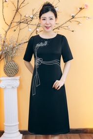 Đầm suông trung niên cho mẹ - Cổ tròn ép đá tay ngắn - Đen - TTV Store thời trang nữ TTV1880