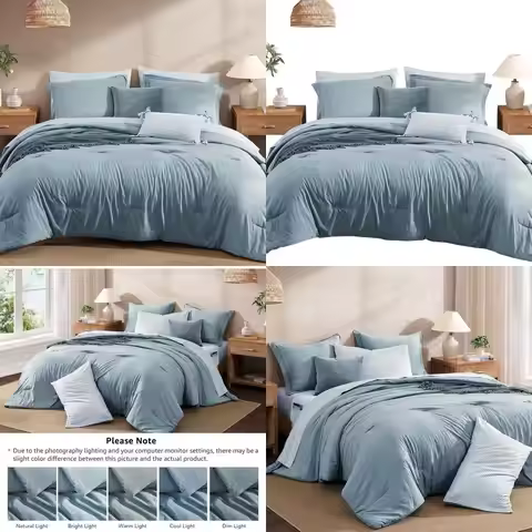 7-Piece Dusty Blue Queen Comforter Set: Prewashed Soft Bedding with Sheets, Pillowcases & Shams