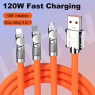 120W 3 in 1 Super Fast Charging Cable Micro USB Type c Gaming180° Rotating Data Cable For Smart Phon