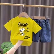 DBOX PEANUTS BOYS' SUITS AGED 1-5 YEARS NEWEST SHORT SLEEVES JEANS BOTTOM WITH SNOPY MOTIF