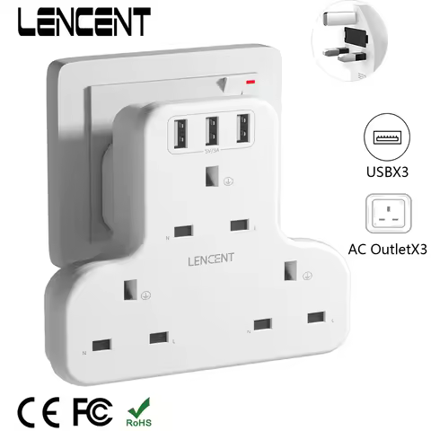 LENCENT Wall Socket Extender with 3AC Outlets 3 USB Ports 5V 2.4A 6-in-1 USB Outlet Plug Extender fo
