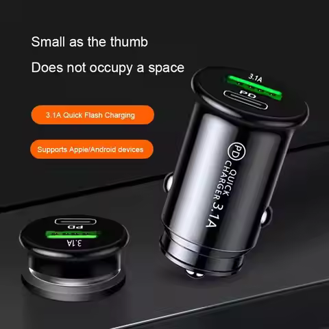 Fast QC3.0 Car Charger W/ 20W PD USB Type C For Mobile Phone In Car Lighter Slot - White/Black Mini 