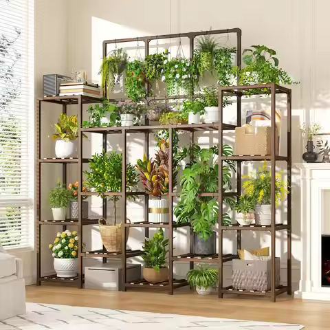 Large Plant Stand Indoor for 18-22 Pots, Tall Wood Shelf with Hanging Rods, 55.9"W x 63.1"H, for Pat
