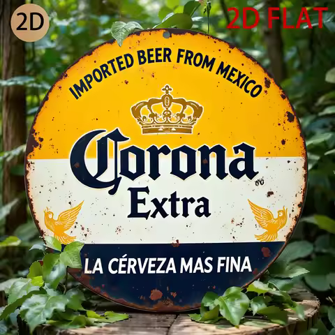 2D Flat, Vintage Corona Extra Beer Sign -Retro Metal Wall Art with Crown & Wings Design,Blue & Yello