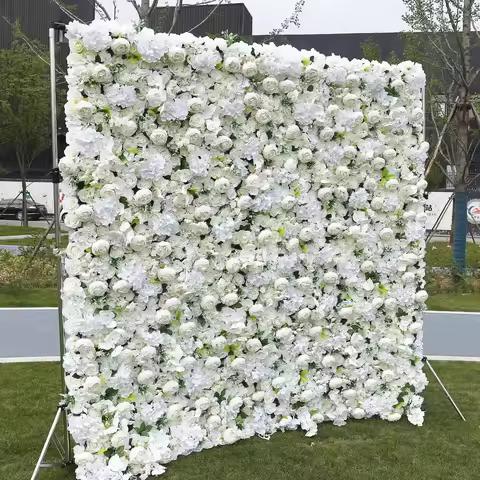 Creative 8Ft X 8ft Custom 3D 5D Pink White Silk Peony Rose Water Drop Background Panel Wedding Decor