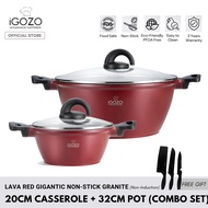 iGOZO Lava Red Gigantic Non Stick Granite Casserole Pot Non Induction (20cm, 32cm) [Free 3 Pcs Knives)