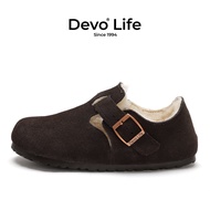 รองเท้าแตะผู้หญิง Devo Life ฤดูหนาว รองเท้าแตะผ้าขนแกะบุขนแกะ รองเท้าแตะผ้าฝ้าย รองเท้าแตะหนังวัว รอ