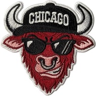 Chicago Red Embroidered Patch - Cool Bull with Sunglasses & Black Baseball Cap - 3 x 3 Inch Large Ir