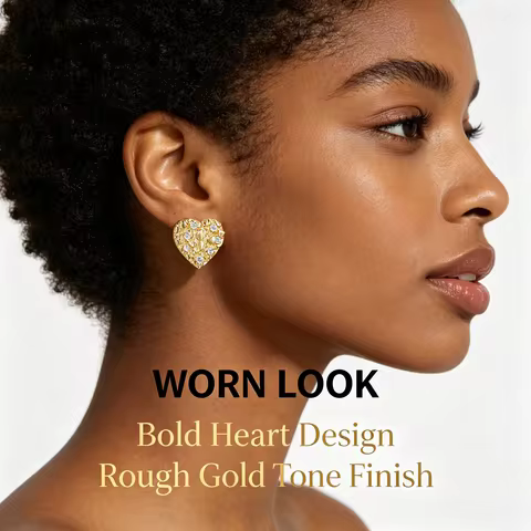 Cubic Zirconia Heart Nugget Earrings 14K Gold Plated Cookie Textured Style Hip Hop Punk For Women Me