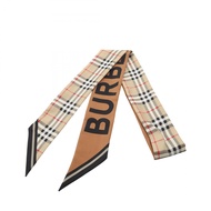 【二手】Burberry 細款絲巾，格紋 Logo，米色真絲圍巾，女士，二手