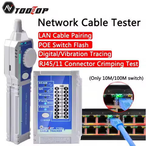 TOOLTOP ET608 LCD Display LAN Tester Dual Lithium Battery Network Connector Crimp Test POE Flash Dig