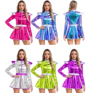 inhzoy Women Halloween Alien Costume Long Sleeves Front Zip A-line Dress with Belt Shiny Metallic Ou