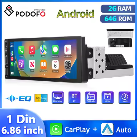 Podofo 6.86Inch Car Radio Android 1Din Multimedia Player 2+64G Wireless Carplay Android Auto WIFI Bl