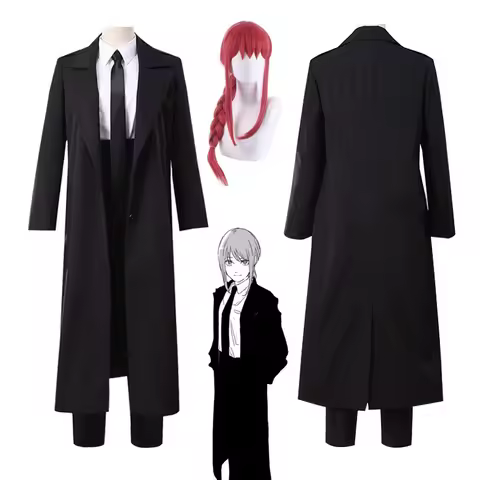 Anime Chainsaw Man Makima Cosplay Costume Black Trench Shirt Tie Pants Makima Wig Long Light Red Bra