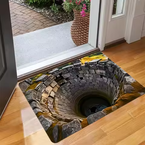1-piece 3D Antique Stone Well Printed Door Mat with Realistic Cave 3D Effect Entrances Kitchens Bath