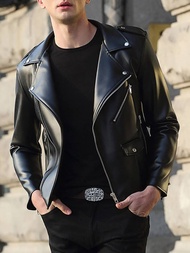Mauroicardi Spring Autumn Short Fitted Cool Black Faux Leather Biker Jacket Men Zipper Long Sleeve P
