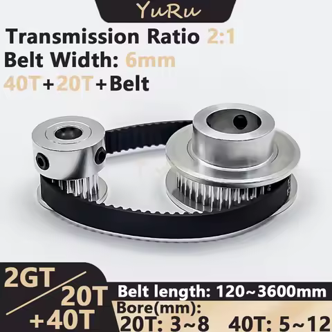 2GT 2M 20 40Teeth GT2 20T 40T 2:1 Timing Pulley Belt Kit Bore 3~12mm Belt Width 6mm Tensioning Wheel