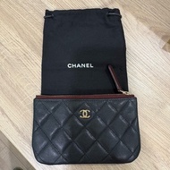 CHANEL 一字拉鍊零錢包 黑色淡金釦 荔枝紋 經典款
