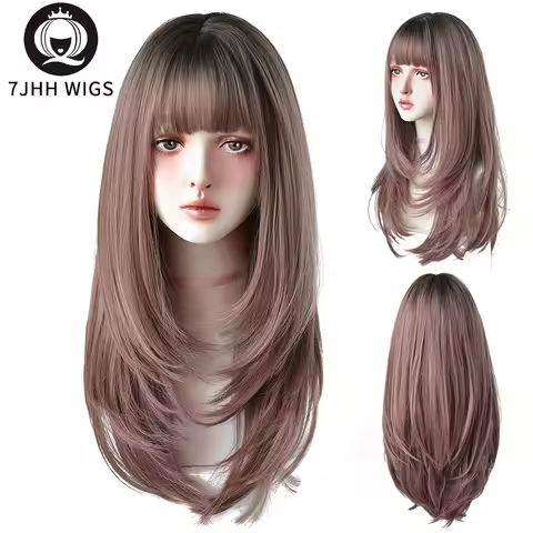 7JHH Synthetic Wigs Long Straight Pink Brown Hair Top Dyed Black Omber Wigs With Bangs For Women Fas