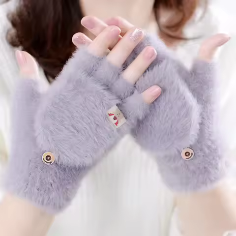 Winter Women Half-finger Flip-top Gloves Student Cute Girl Cartoon Warm Comfortable Soft Stylish Thi