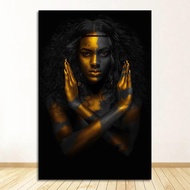 งานศิลปะบนผนังนามธรรมผู้หญิงแอฟริกันเปลือยสีดำทอง - ภาพพิมพ์ผ้าใบ HD สำหรับตกแต่งห้องนั่งเล่นและห้อง