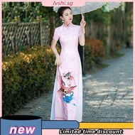 Woman Aodai Vietnam Cheongsam Traditional Flower Print Banquet Evening Dress