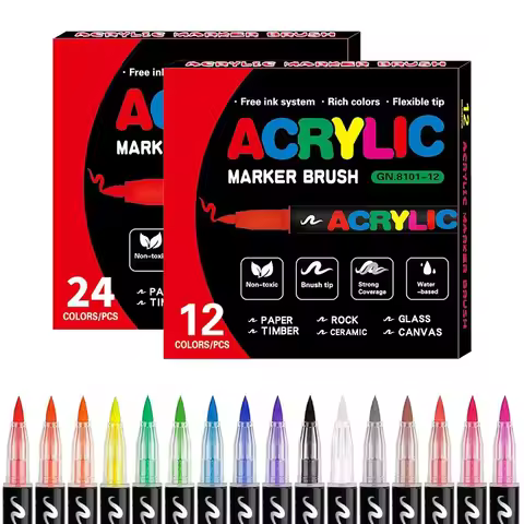 12/24 Colors Liquid Ink Acrylic Brush Marker Set for Fabric Rock Painting Multifunctional Acrylic Pa
