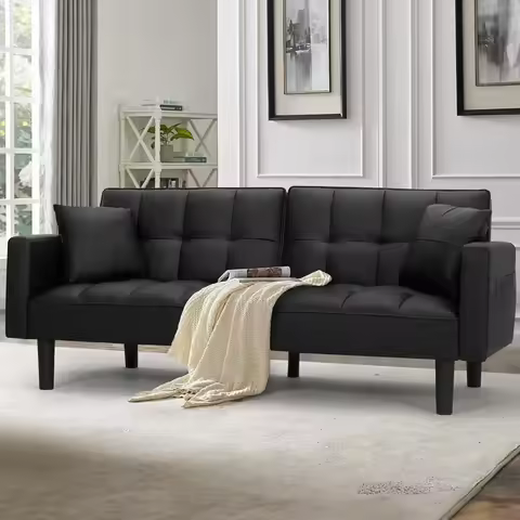 Futon Sofa Bed, Modern Leather Convertible Sofa Bed Upholstered Sleeper Sofa Couch Bed with Adjustab