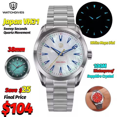 Watchdives WD0006B VH31 Quartz Wristwatches White Mops Dial AR Sapphire Luminous BGW9 100M Waterproo
