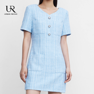 URBAN REVIVO Womens Short Sleeve Tweed Knitted Sweater Dress Pearl Button Mini Dresses for Spring Summer Fall