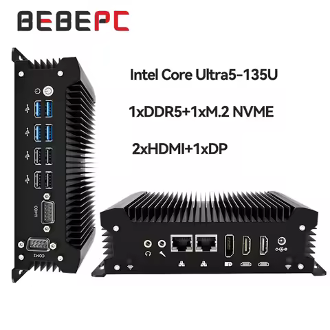 Fanless Industrial Mini PC Intel Ultra 5 135U DDR5 NVMe 2×Gigabit LAN HDMI DP WiFi SIM 4G LTE Window