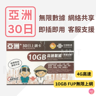 中國聯通 - 亞洲多國通用【30日 10GB FUP】4G/3G 高速無限數據上網卡 旅行電話卡 Data Sim咭(澳門,日本,南韓,新加坡,泰國,馬來西亞,老撾,印尼,菲律賓,柬埔寨,越南,緬甸,斯里蘭卡