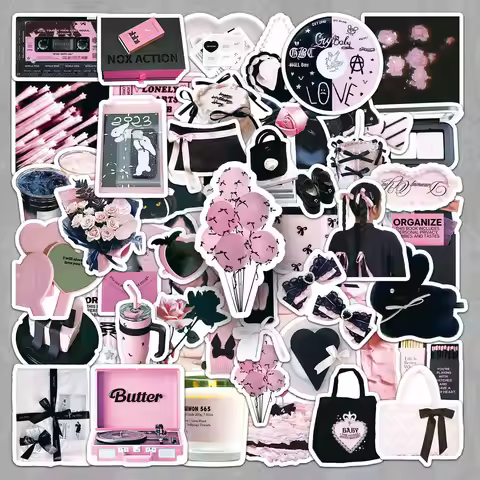 52 PCS Black Pink Cartoon Cute Sweet Cool Girl Heart DIY Decoration Guka Phone Case Notebook Luggage
