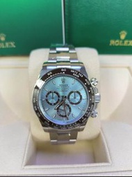 40mm 全新現貨 126506-0001 Daytona腕錶鉑金款，搭配冰藍色錶面及色彩對比鮮明的計時盤。腕錶配備蠔式（Oyster）錶帶，栗棕色Cerachrom外圈設測速計。