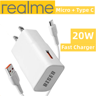 Fast Charger for Realme C11 2020 2021 C12 C15 C25 C21Y C25Y C3 Narzo 20 30A 50 50i 50A Prime 5i 5 Pro 6 6i 6 7 8 9 Pro 7i 8 8i 10 Plus C30S C21 C33 20W Quick Charging with 4A Micro USB Cable / USB Typre C Cable Smart Travel Wall Charger