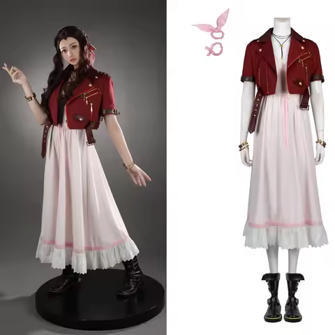 FF7 Adult Aerith Gainsborough Costume Cosplay Final Fantasy Remake Halloween Outfit Fancy Women Red 
