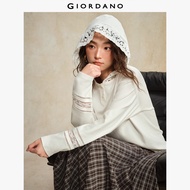 GIORDANO ผู้หญิง เสื้อยืด ลูกไม้ต่อมีฮู้ด เสื้อยืดคอกลม แขนยาว ทรงปกติ เสื้อยืดแฟชั่นลำลอง 18325822