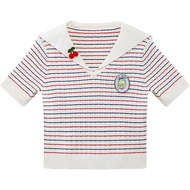 B.Duck | เสื้อสเวตเตอร์แขนสั้นลายทาง B.Duck ทรงหลวม สไตล์หวาน คอปกสีน้ำเงิน ผ้าโพลีเอสเตอร์ สำหรับผู