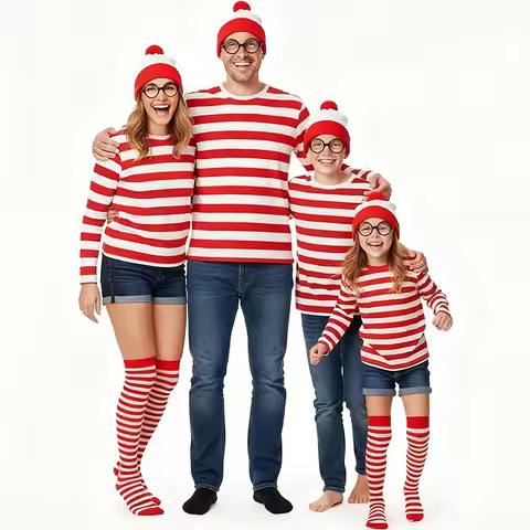 Wheres Waldo Cosplay Costume Red Striped Shirt Role Play Clothes Hat Glasses Socks Halloween Christm