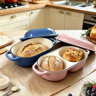 Foreign Trade Cast Iron Enamel Pot Oval Rectangular Oubao Pot Double-cavity Baking Bread Pot Househo