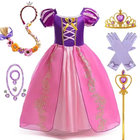 Disney Rapunzel Princess Dress Girl Purple Puff Sleeve Cosplay Tangled Costume Halloween Vestido Kid