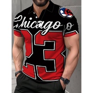 Men's short-sleeved polo shirt, featuring a print, designed by Chicago 23, made of polyester. Availa