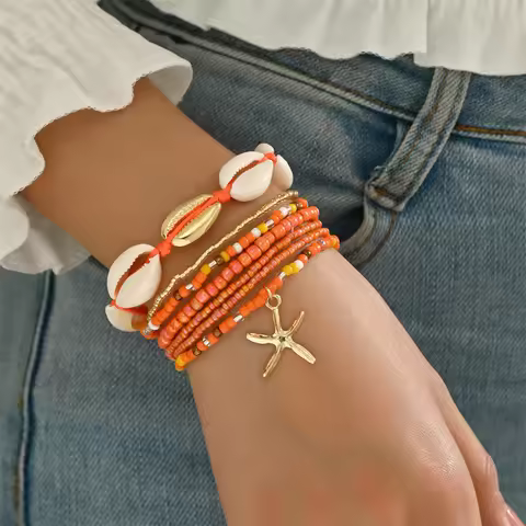 7pcs Bohemian Multilayer Ocean Style Starfish Shell Beads Summer Bracelets For Women Jewelry Perfect