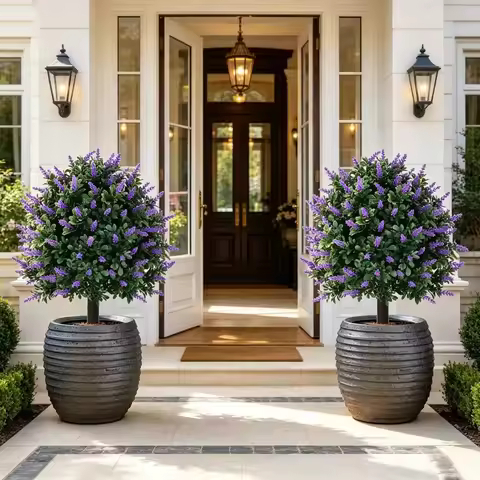 2 Pack Artificial Lavender Topiary Trees, UV Resistant Fake Lavender Plants for Outdoor Porch Garden