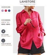 LAHSTORE women's loose long-sleeved shirt, linen fabric, drawstring waist ASM03 (Powder Pink, Cobalt