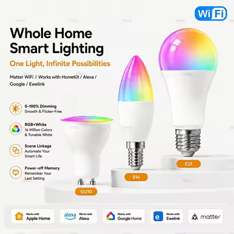 Matter Wifi E27 GU10 E14 Smart Bulb RGB+WW+CW Dimmable Led Light Bulb Spotlights Candle Lamp For Ewe