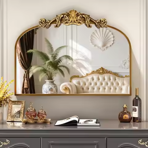 Arched Wall Mirror, 28x 20 Bathroom Vanity Mirror with Carved Pattern Top and Aluminum Frame, Antiqu