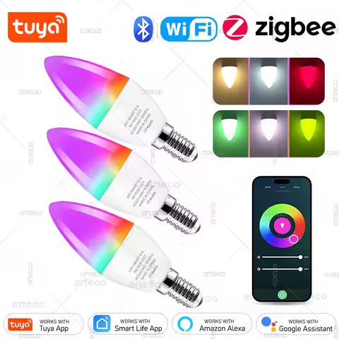 Tuya E14 Bluetooth WiFi Zigbee Smart LED Light Bulbs Dimmable E14 RGB 2700-6500K LED Candle Lamp For